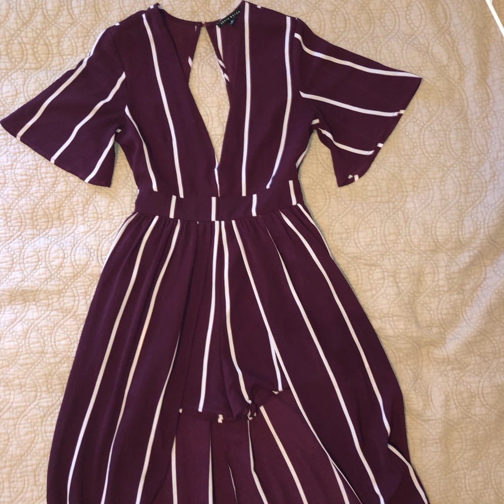 Maroon Low V Striped Cape Romper Dress
